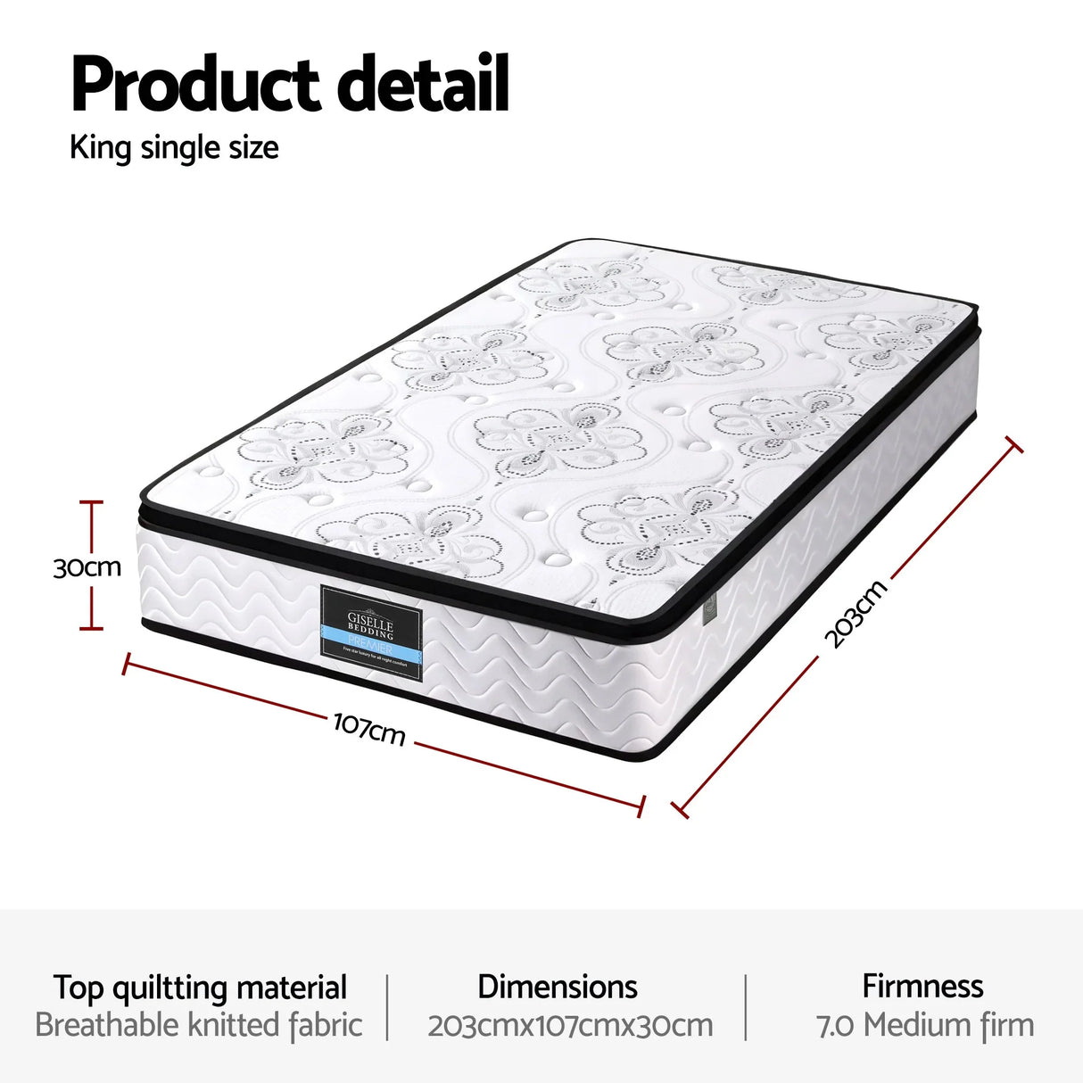 King single mattress with floral quilting, 203x107x30cm, medium firm, breathable fabric