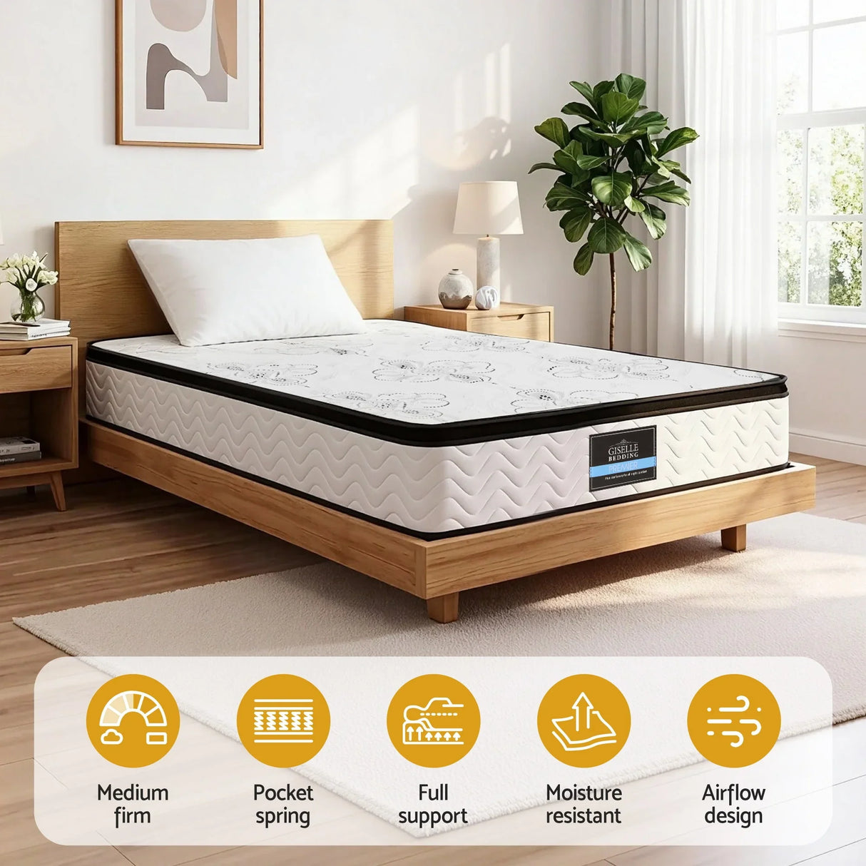 Modern bedroom with medium firm pocket spring mattress on wood bed, moisture resistant, airflow design