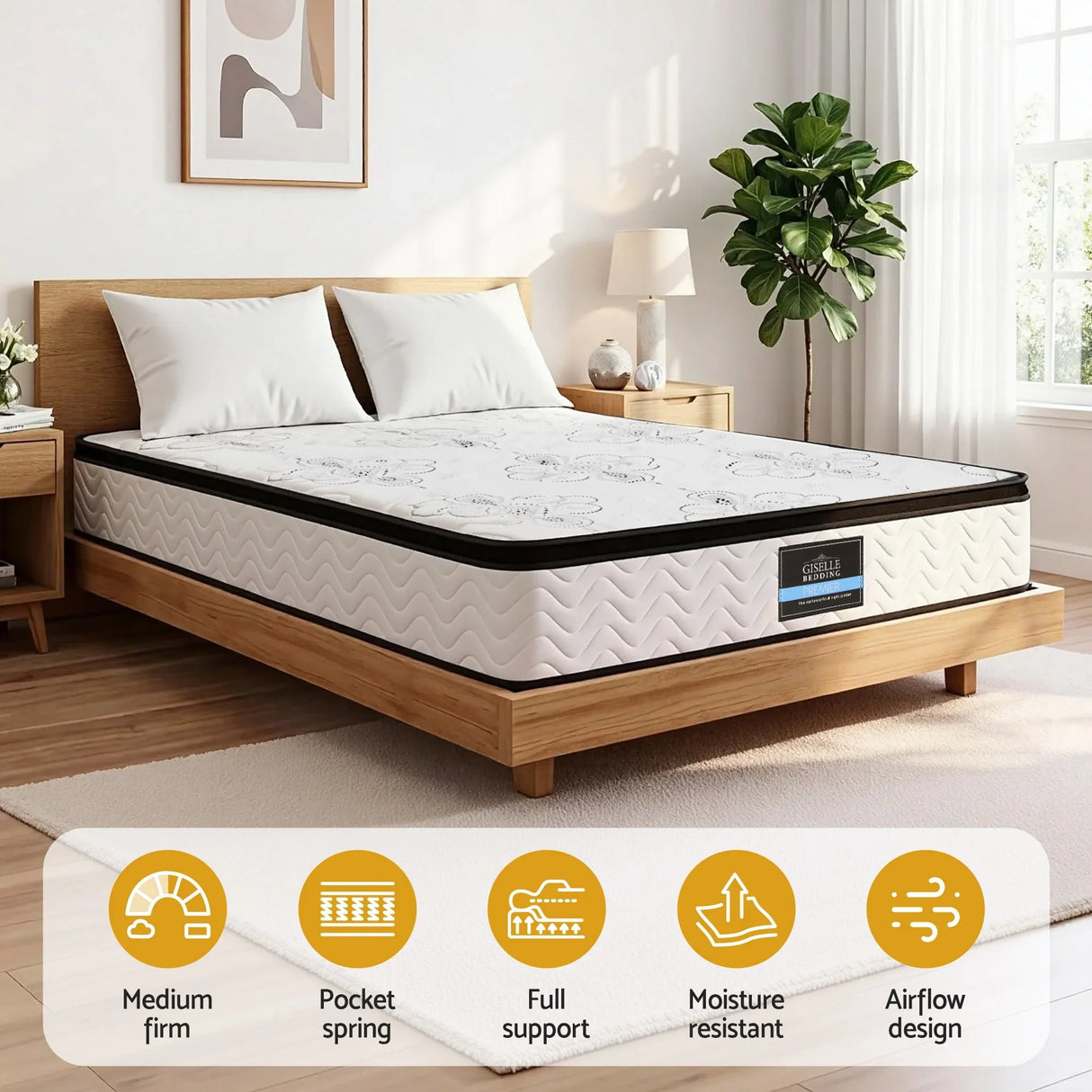 Queen size medium firm mattress on modern wooden bed frame, bedroom setting, Flea Market AU