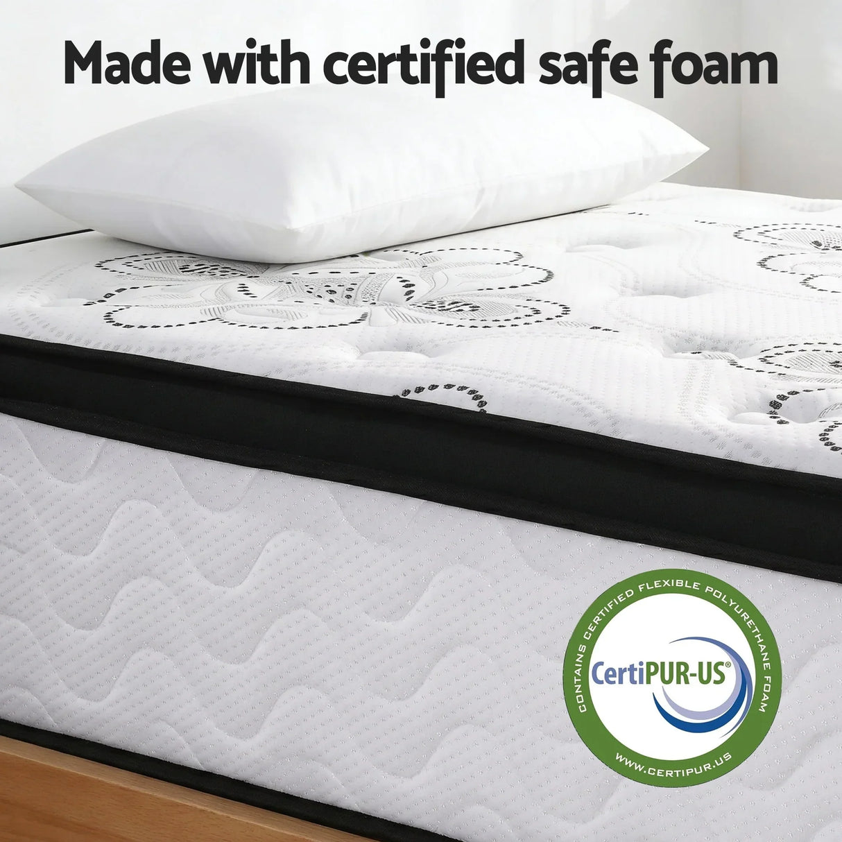CertiPUR-US certified safe foam mattress with pillow, floral stitching, Flea Market Australia