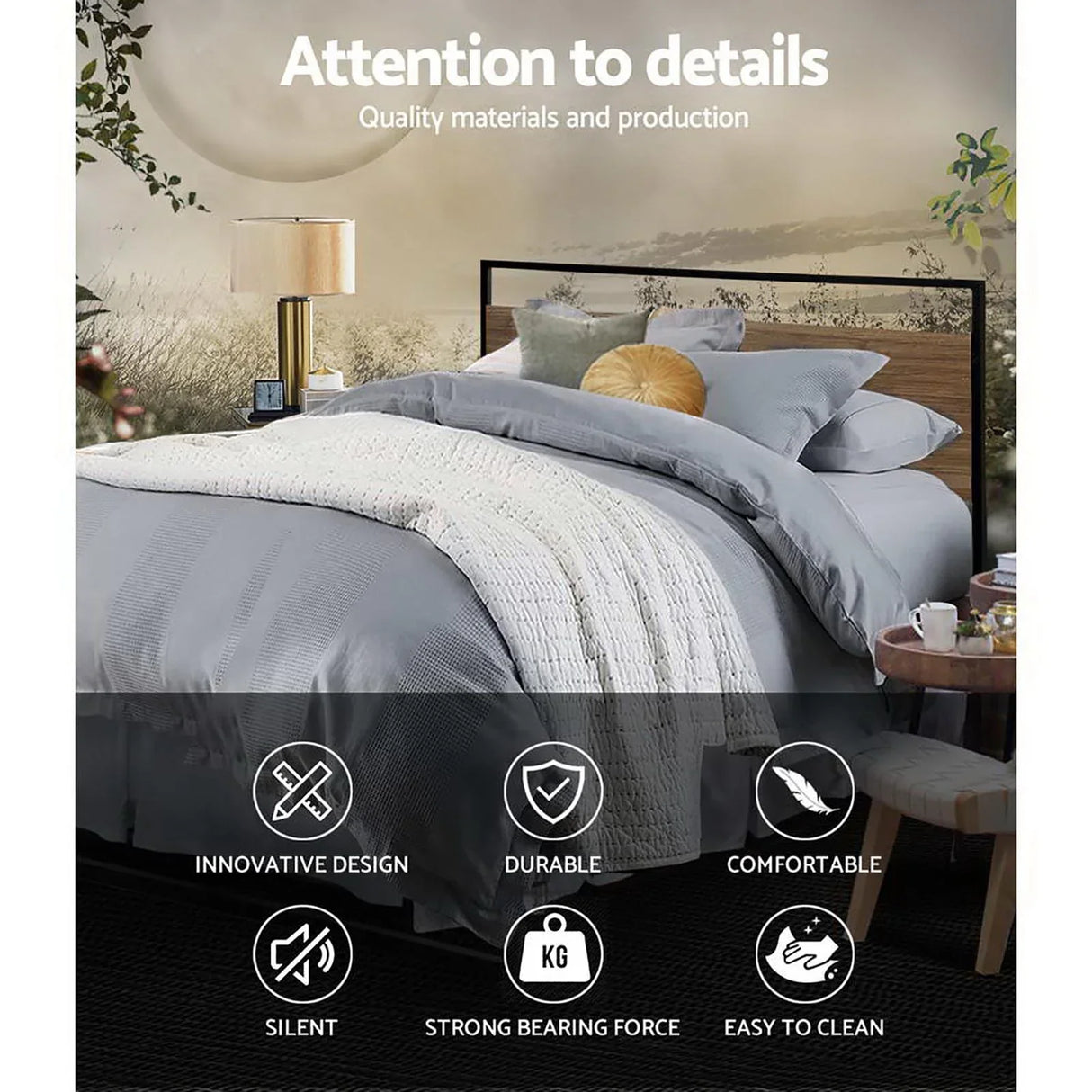 Modern bedroom setup with gray bedding, textured white throw, and decorative pillows on wooden bed frame