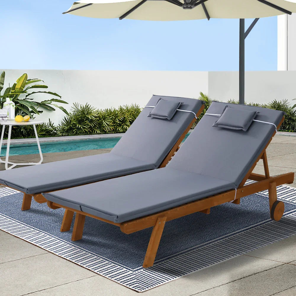 Gardeon 2x Sun Lounge Wooden Lounger Outdoor Furniture Day Bed Wheel Patio Grey - Flea Market