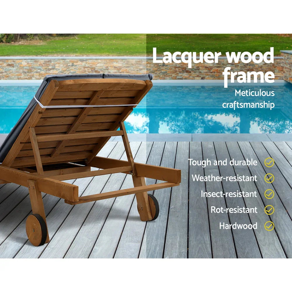 Gardeon 2x Sun Lounge Wooden Lounger Outdoor Furniture Day Bed Wheel Patio Grey - Flea Market