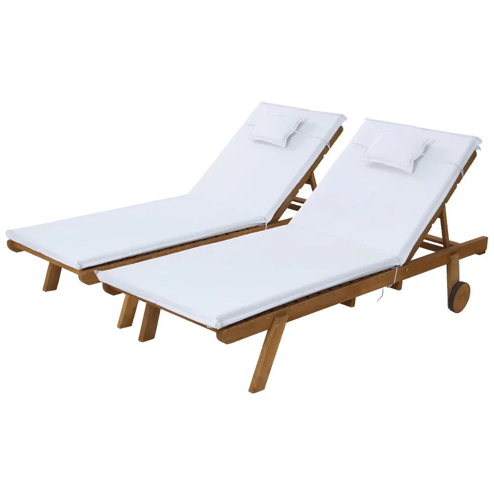 Gardeon 2x Sun Lounge Wooden Lounger Outdoor Furniture Day Bed Wheel Patio White - Flea Market