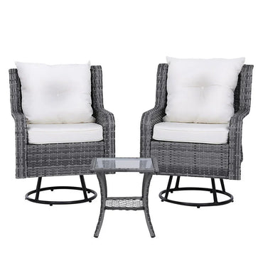 Gardeon 3PC Outdoor Furniture Bistro Set Lounge Wicker Swivel Chairs Table Cushion Grey - Flea Market