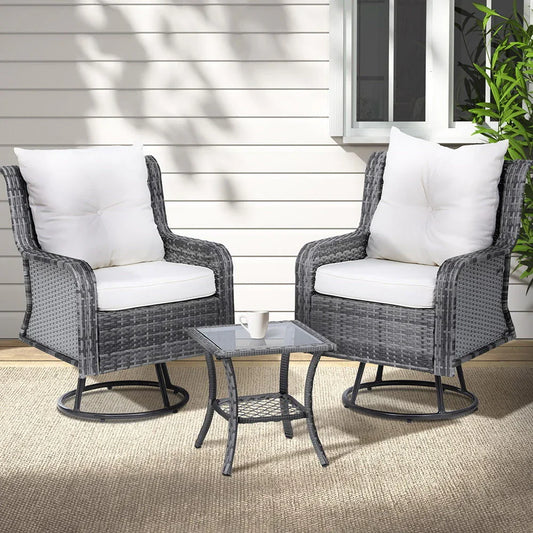 Gardeon 3PC Outdoor Furniture Bistro Set Lounge Wicker Swivel Chairs Table Cushion Grey - Flea Market