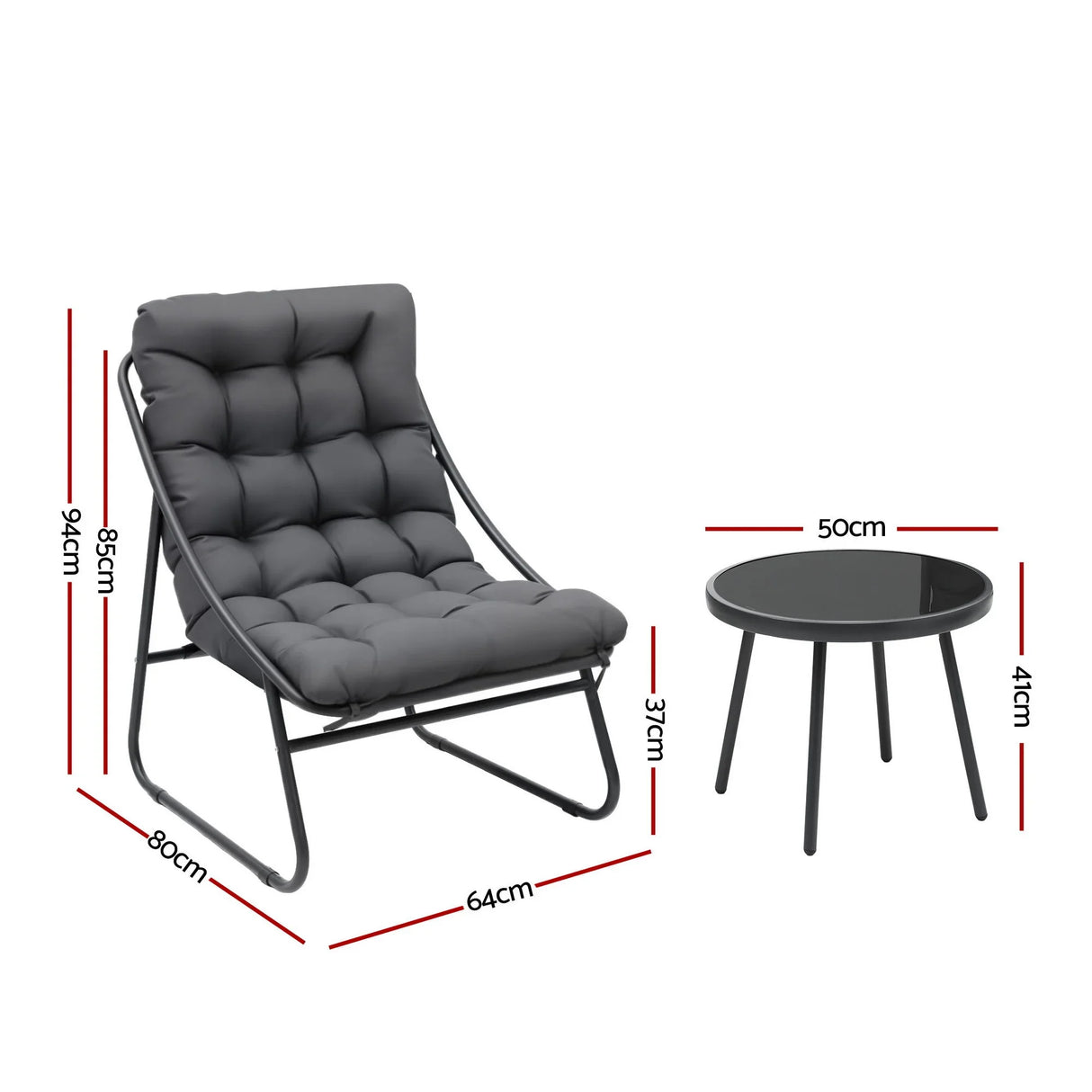 Grey cushioned lounge chair and round black side table set with measurements, Flea Market AU