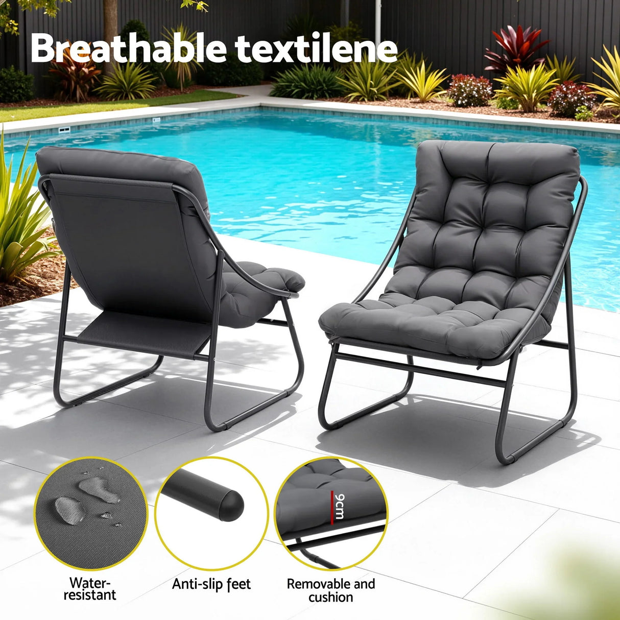 Outdoor lounge chairs with black cushions by pool, water-resistant, anti-slip feet, removable cushion, Flea Market AU