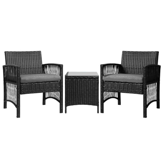 3PC Outdoor Bistro Set Patio Furniture Wicker Dining Chairs Table Cushion Black - Flea Market