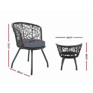 Gardeon 3PC Bistro Set Outdoor Furniture Rattan Table Chairs Patio Garden Cushion Black - Flea Market