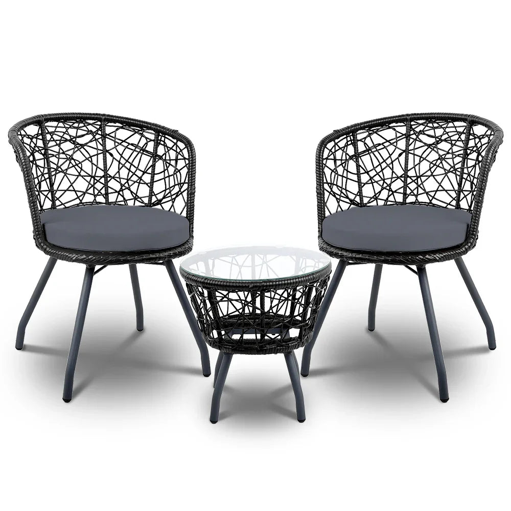 Gardeon 3PC Bistro Set Outdoor Furniture Rattan Table Chairs Patio Garden Cushion Black - Flea Market
