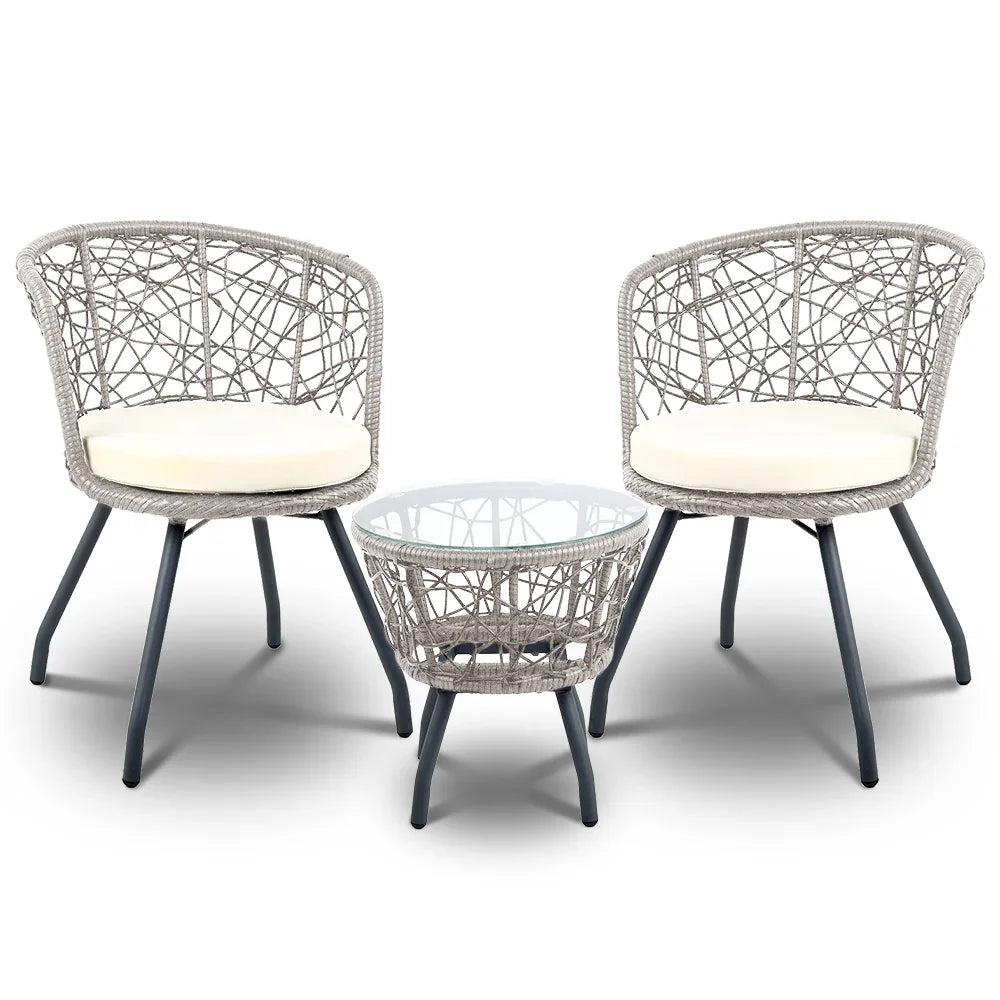 Gardeon 3PC Bistro Set Outdoor Furniture Rattan Table Chairs Patio Garden Cushion Grey - Flea Market