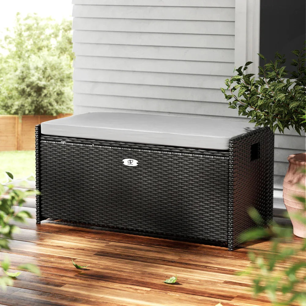 Gardeon Outdoor Storage Bench Box Wicker Garden Sheds Tools Cushion Patio Furniture Black - Flea Market