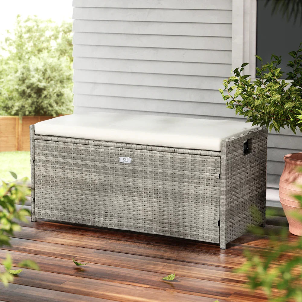 Gardeon Outdoor Storage Bench Box Wicker Garden Sheds Tools Cushion Patio Furniture Grey - Flea Market