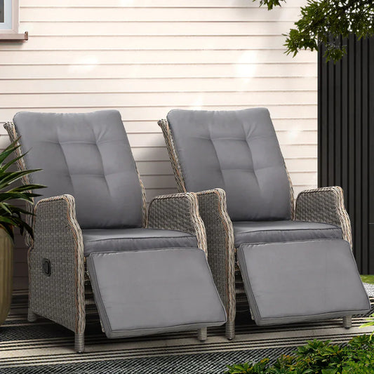 Gardeon 2PC Recliner Chairs Sun lounge Wicker Lounger Outdoor Furniture Adjustable Grey - Flea Market