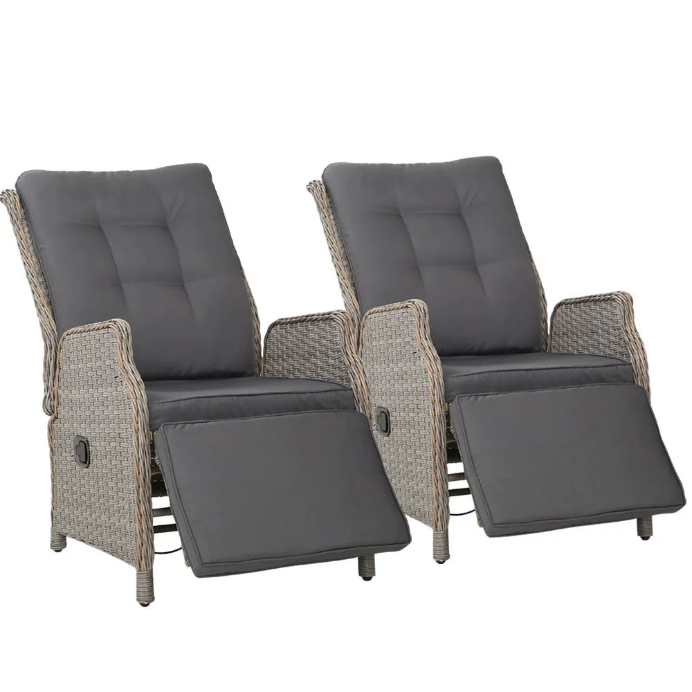 Gardeon 2PC Recliner Chairs Sun lounge Wicker Lounger Outdoor Furniture Adjustable Grey - Flea Market