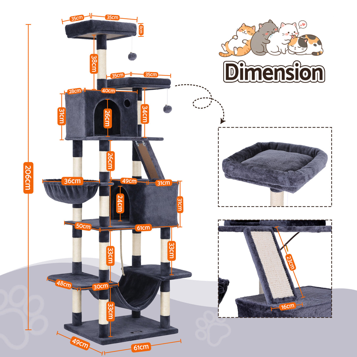 i.Pet Cat Tree Tower 206cm - Large Scratching Post Grey