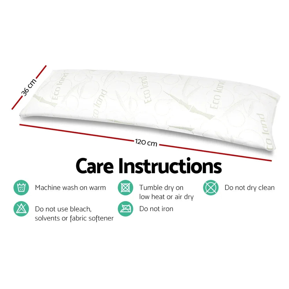 White rectangular body pillow with Eco land pattern measuring 120cm by 36cm and care instructions