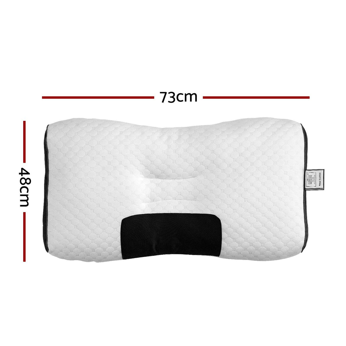 White ergonomic memory foam pillow with black contour, measuring 73cm by 48cm