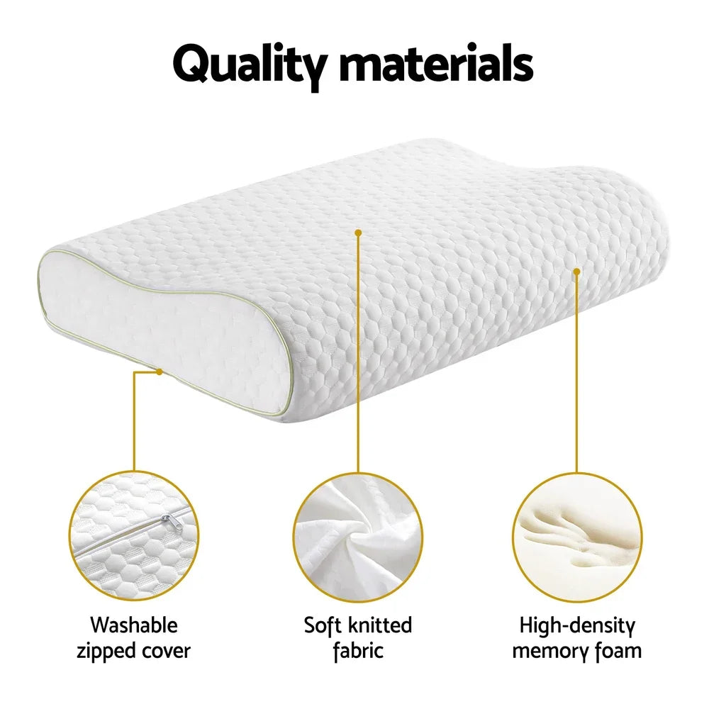 White contoured memory foam pillow with washable zipped cover and soft knitted fabric