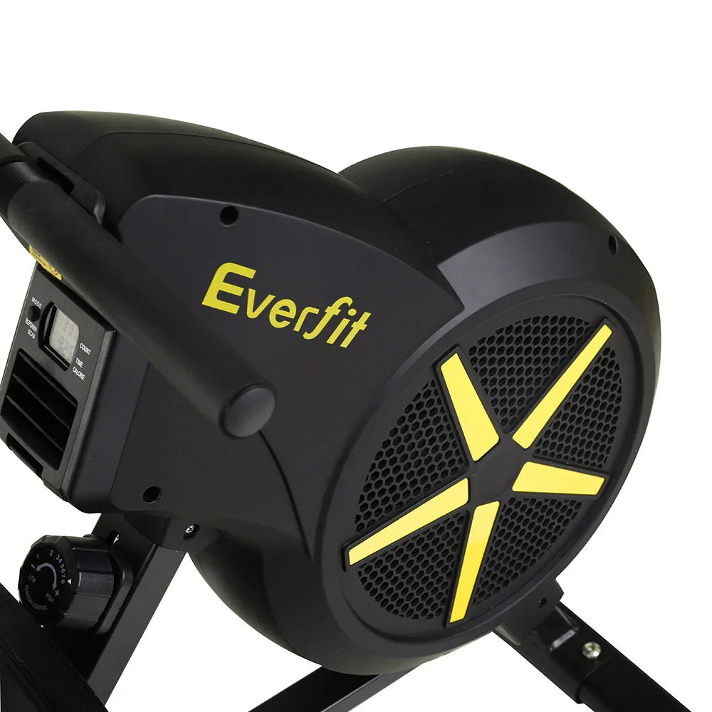 Everfit rowing machine black and yellow flywheel with digital display and resistance knob