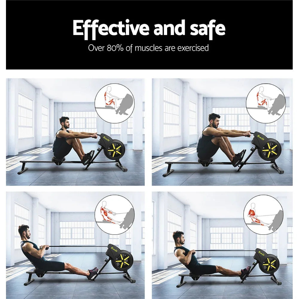 Man using rowing machine in gym, demonstrating exercise positions and muscle groups worked
