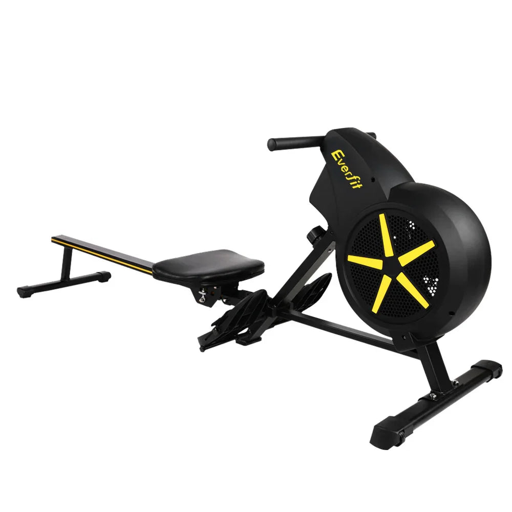 Everfit black and yellow rowing machine with flywheel, seat, and footrests on white background