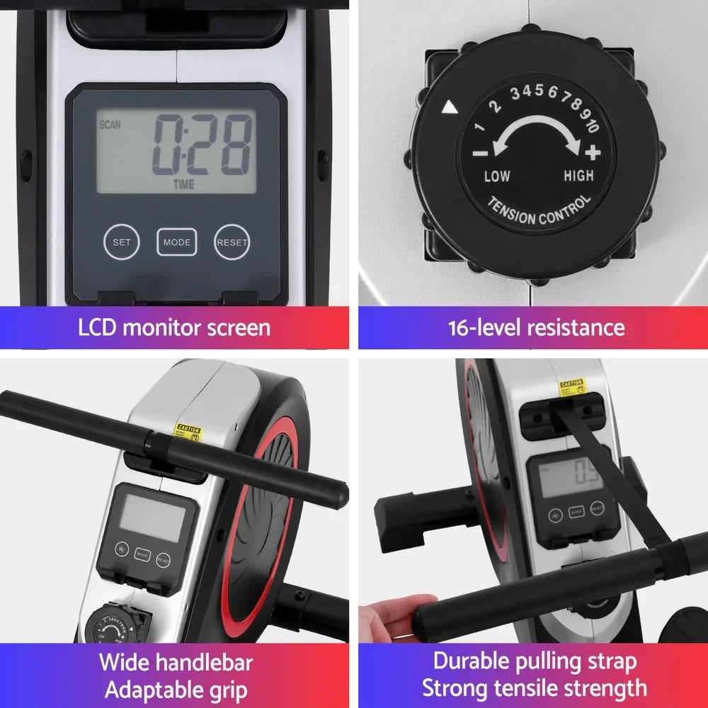 Rowing machine with LCD screen, 16-level resistance, wide handlebar, and durable strap