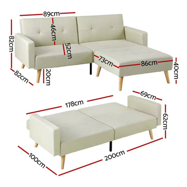 Artiss Sofa Bed Lounge Convertible Ottoman Couch Recliner 3 Seater Fabric Beige - Flea Market