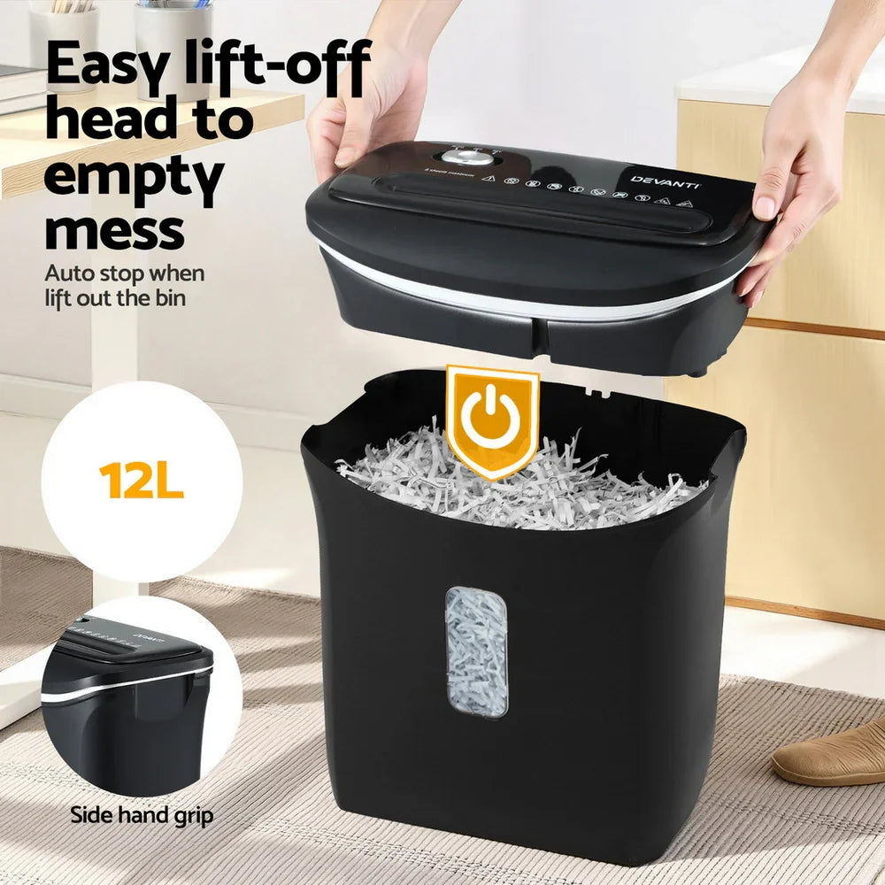 Devanti 12L Cross-Cut Shredder - 8-Sheet Paper Shredder for Home Office