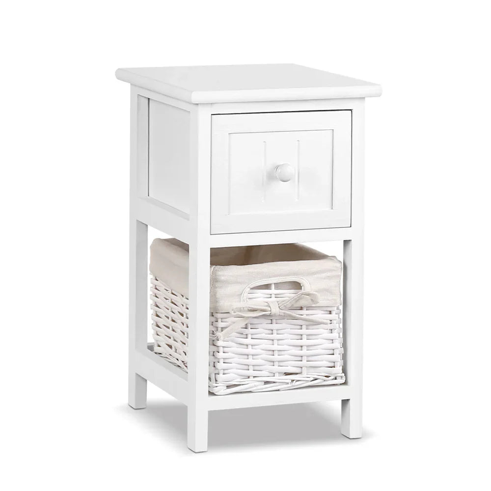 White wooden nightstand with a drawer and a wicker basket storage shelf