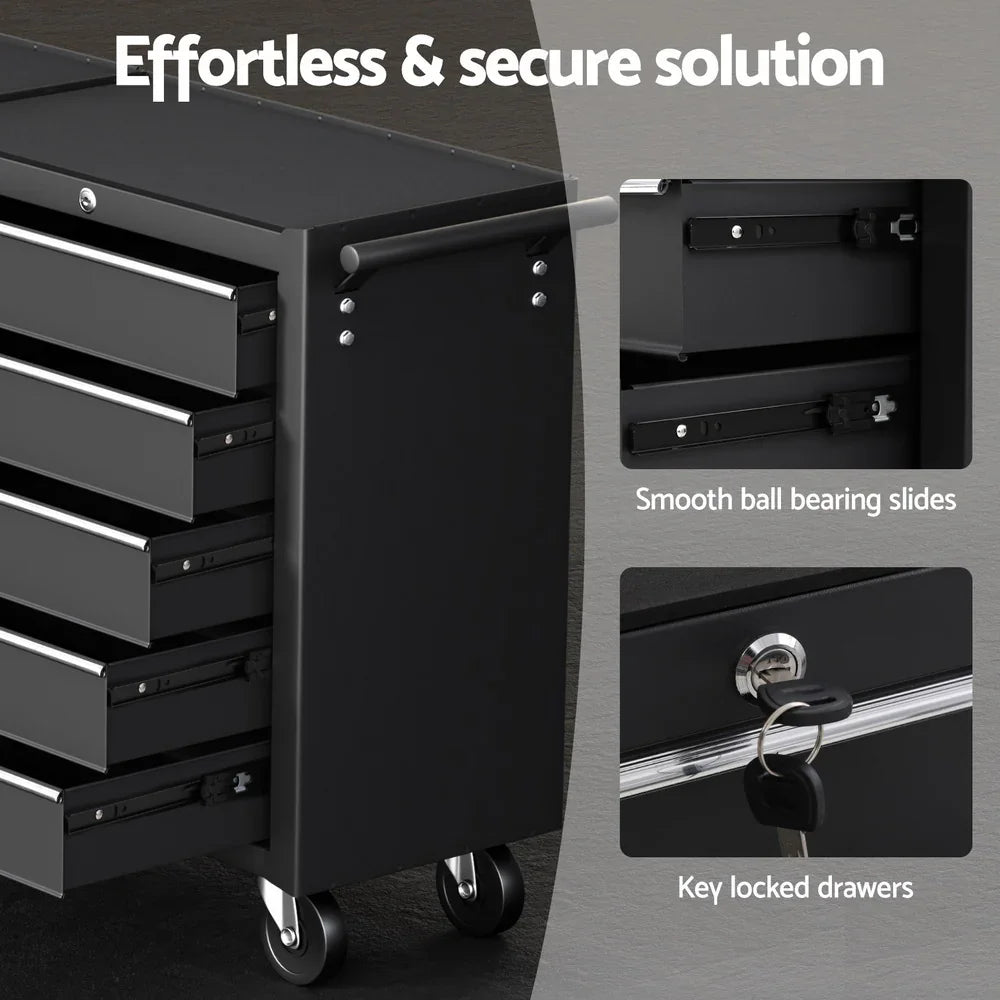 Black rolling tool cabinet with four drawers, smooth ball bearing slides, and key-locked drawers