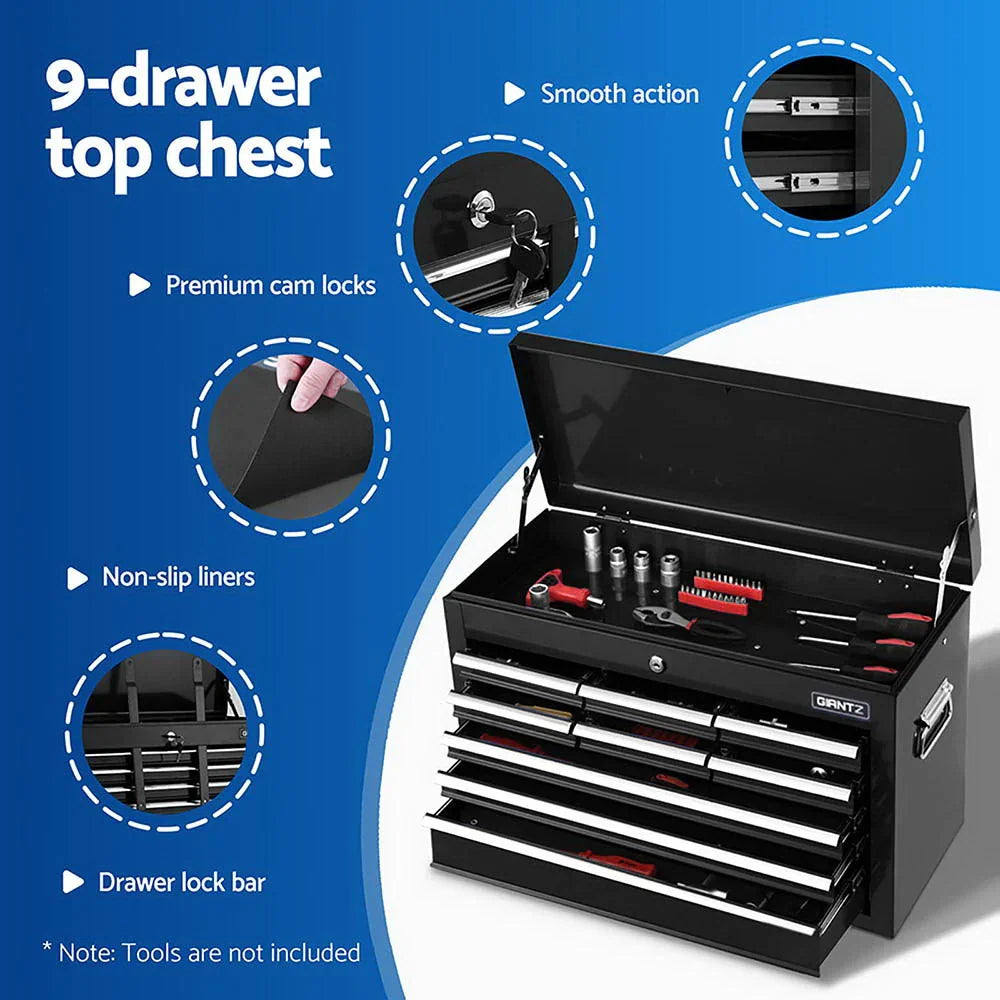 Black 9-drawer top chest with premium cam locks, smooth action drawers, non-slip liners, and drawer lock bar