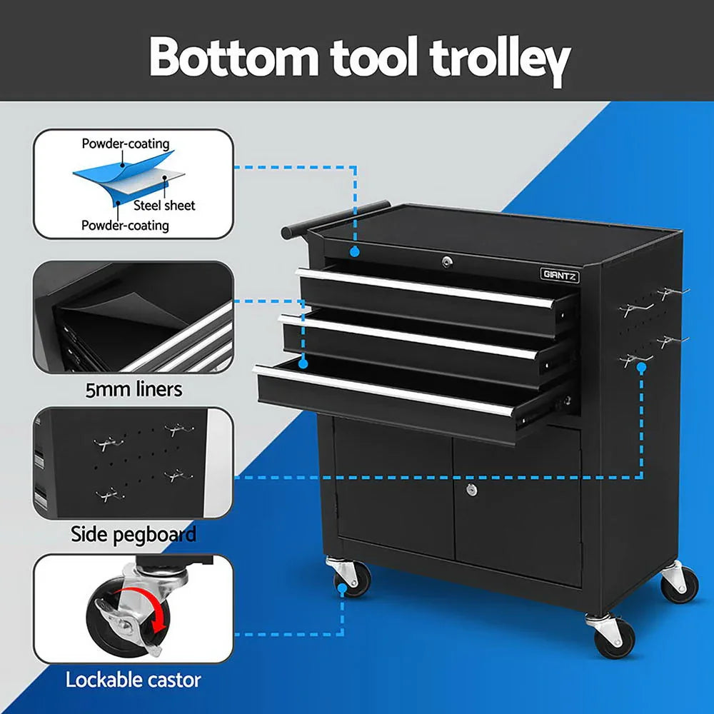 Black bottom tool trolley with powder-coated steel, 5mm drawer liners, side pegboard, and lockable castors