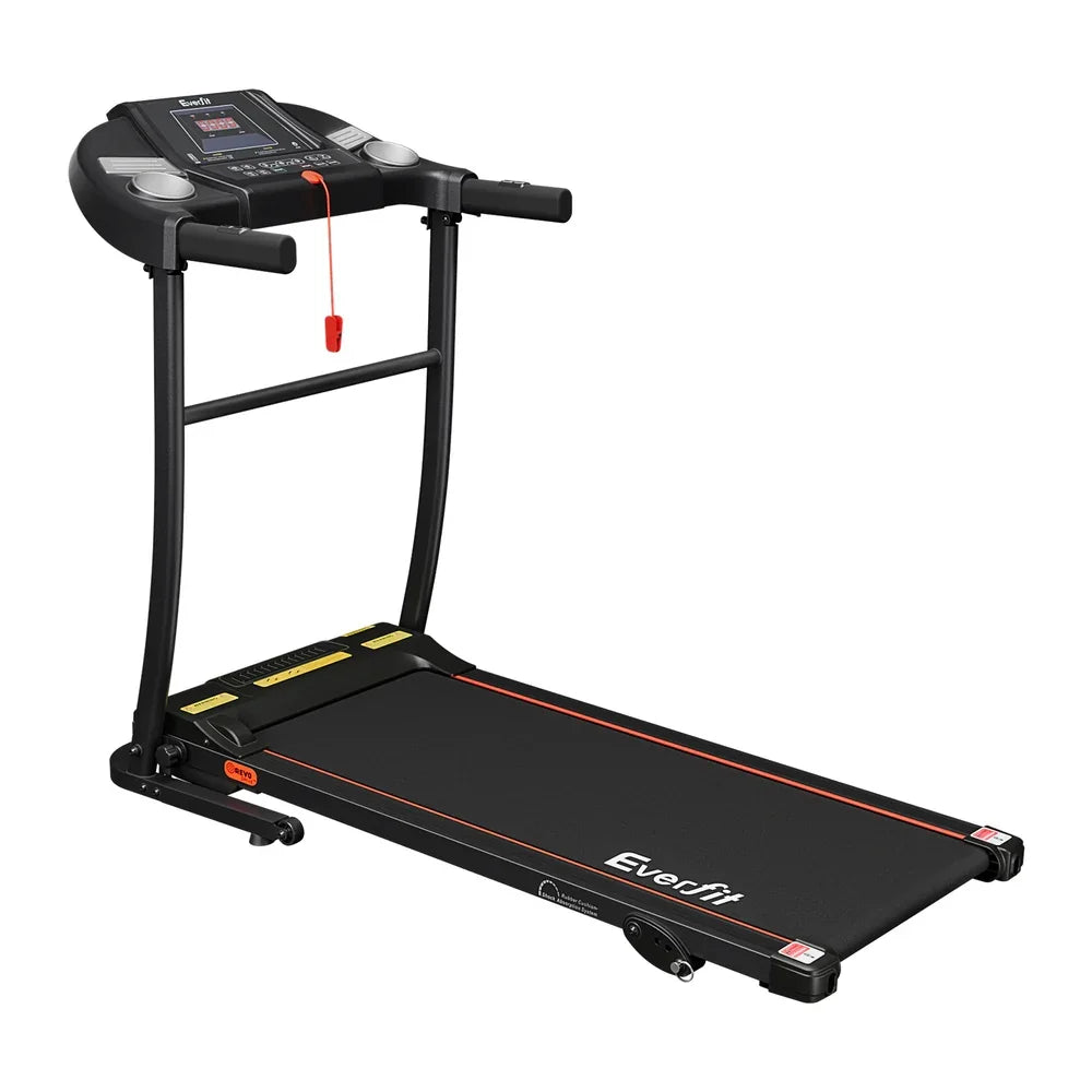 Everfit black electric treadmill with digital display and safety cord on white background