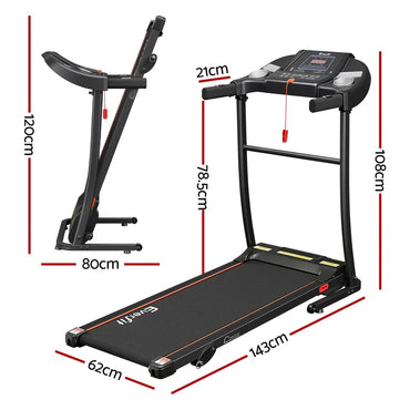Black folding home treadmill with digital display, safety key, and dimension labels