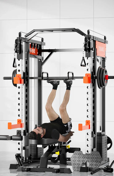 Man exercising on a Yanrio power rack with weights in a modern gym setting