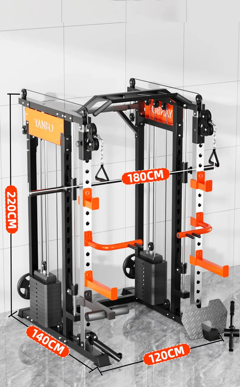 Home gym power rack with cable machine, pulleys, and size labels on tiled floor