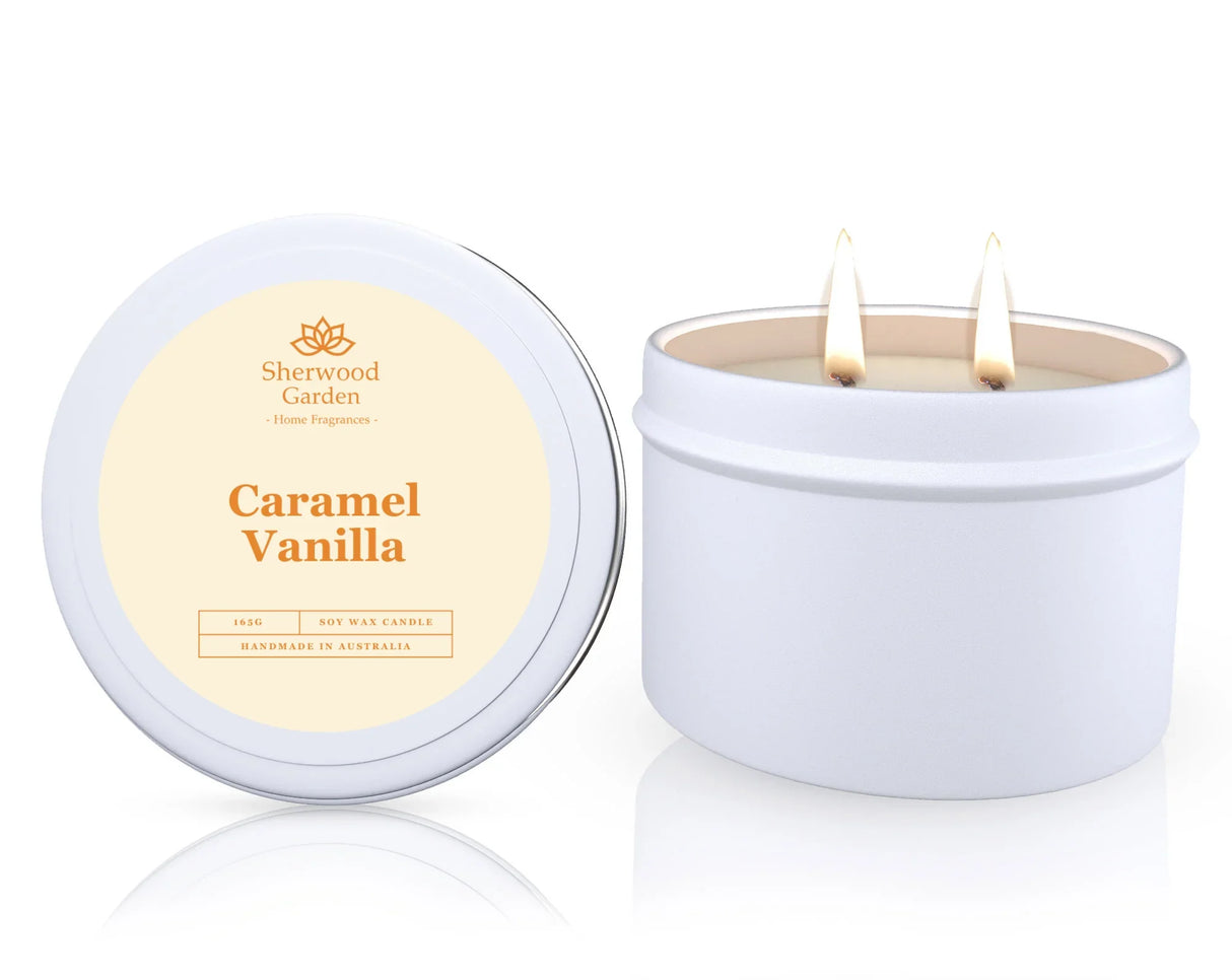 Caramel Vanilla Soy Candle Tin 165g - Natural Scented Candle for Home Ambiance