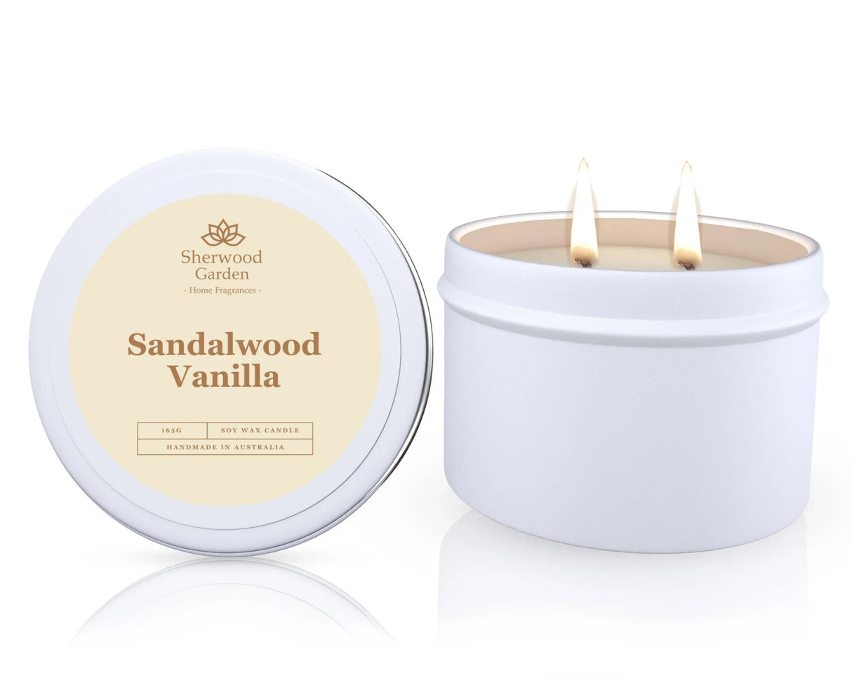 Sandalwood Vanilla Soy Candle Tin 165g - Natural Scented Candle for Home Ambiance