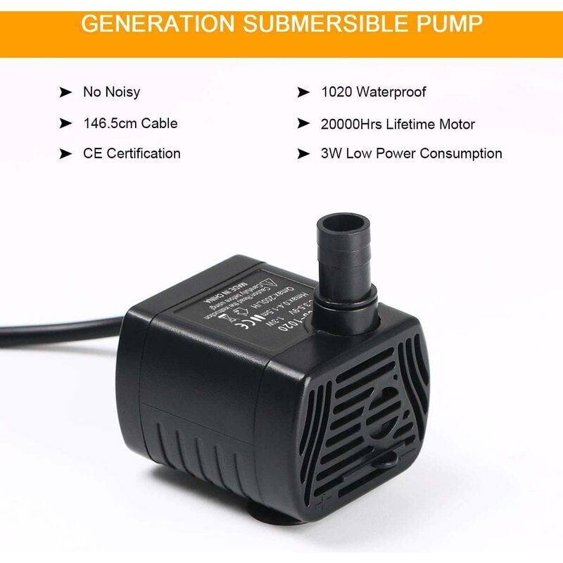 Aquarium Pump 200L/H Submersible USB 3W Ultra-Quiet Adjustable Water Pump