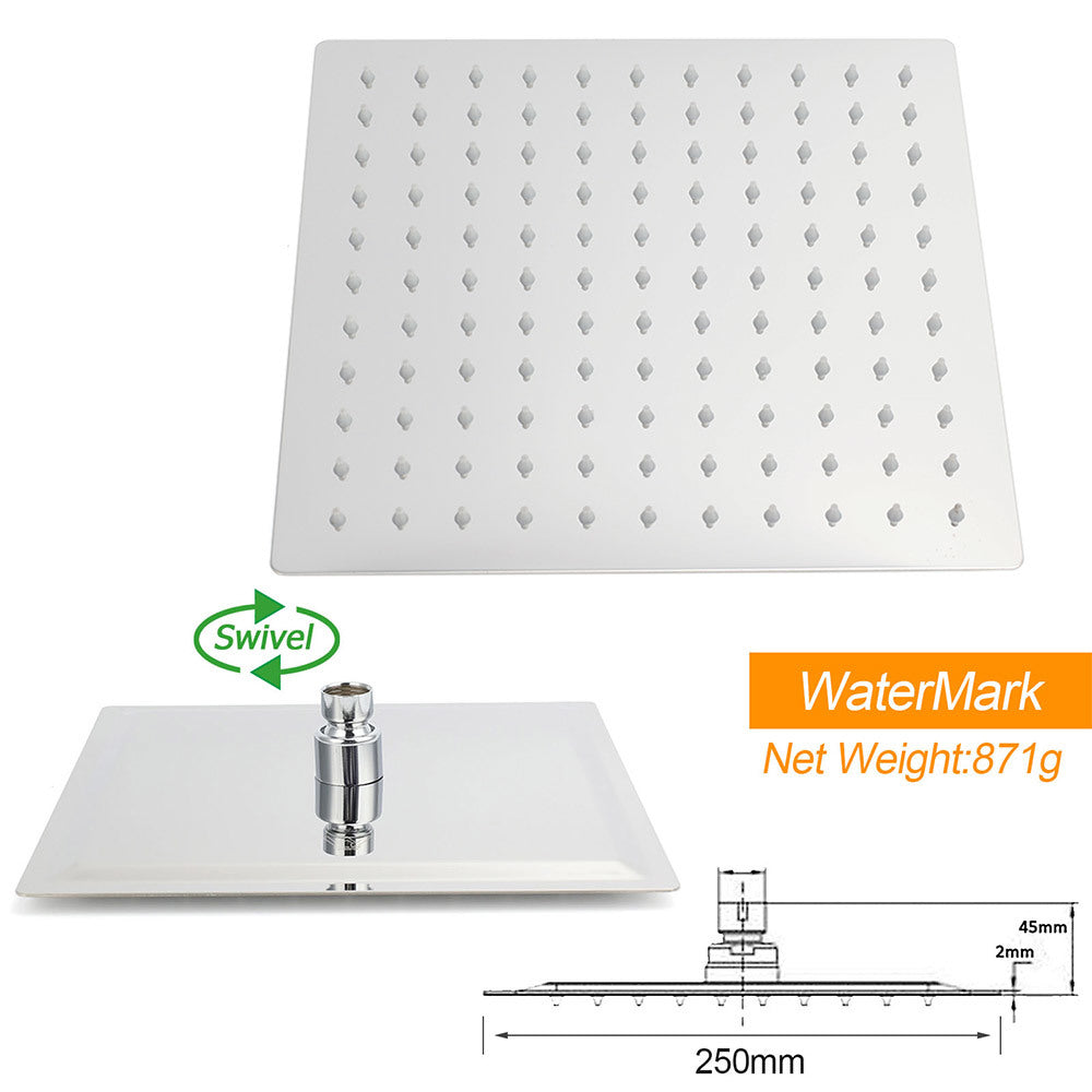 WELS Chrome Square 10" Thin Rainfall Shower Head + Brass Gooseneck Wall Arm Set