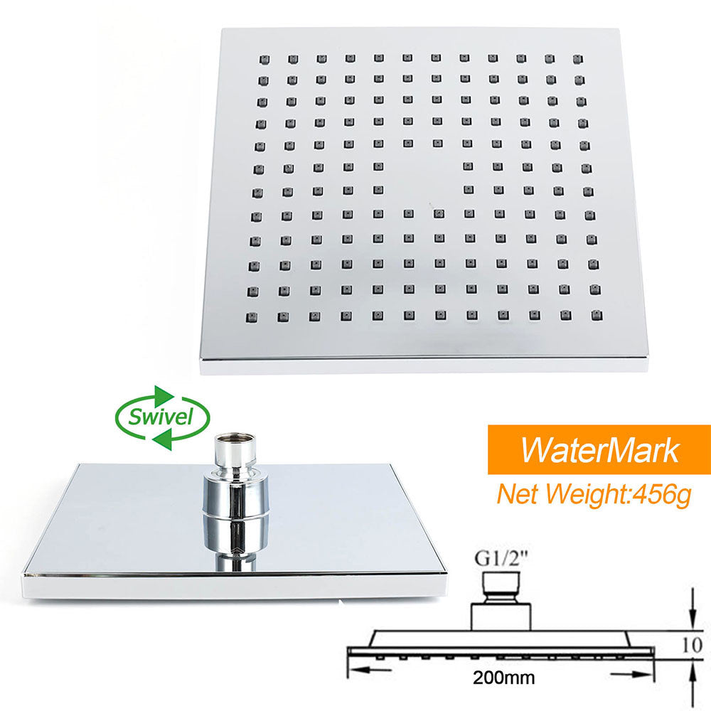 WELS ABS 200mm Square Rain Shower Head & Brass Gooseneck Wall Arm Set WATERMARK