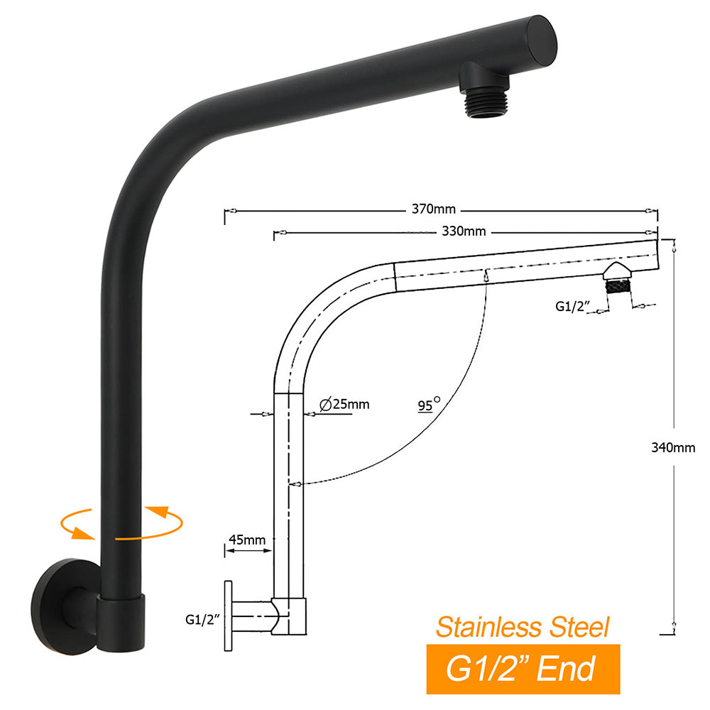 WELS Matt Black 12" Large Round Rain Shower Head & Gooseneck Swivel Wall Arm Set