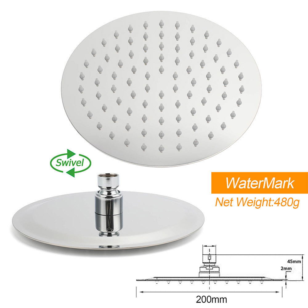 WELS 8" Round Rainfall Shower Head + 360° Swivel Gooseneck Wall Arm Set