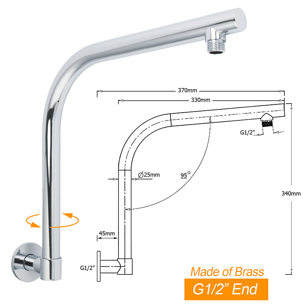 Chrome Round 12" Large Rainfall Shower Head + 360°Swivel Gooseneck Wall Arm Set