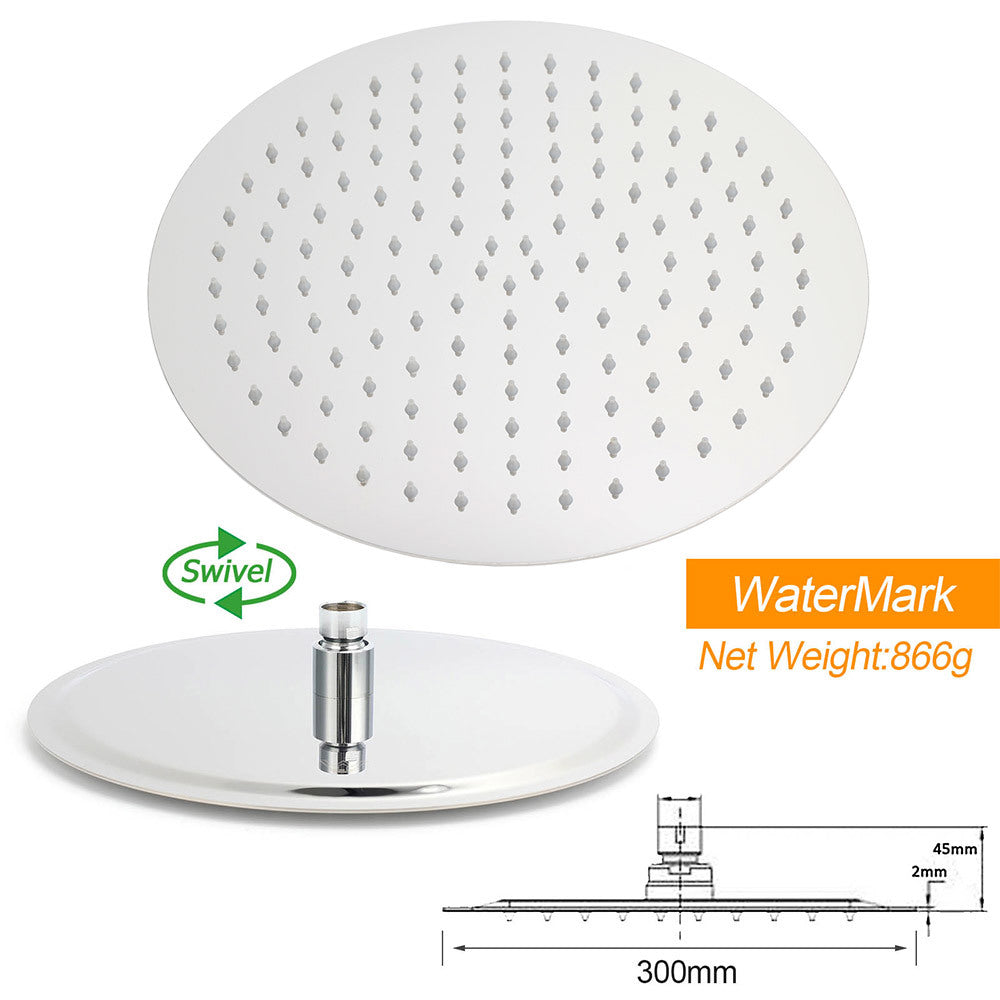 Chrome Round 12" Large Rainfall Shower Head + 360°Swivel Gooseneck Wall Arm Set