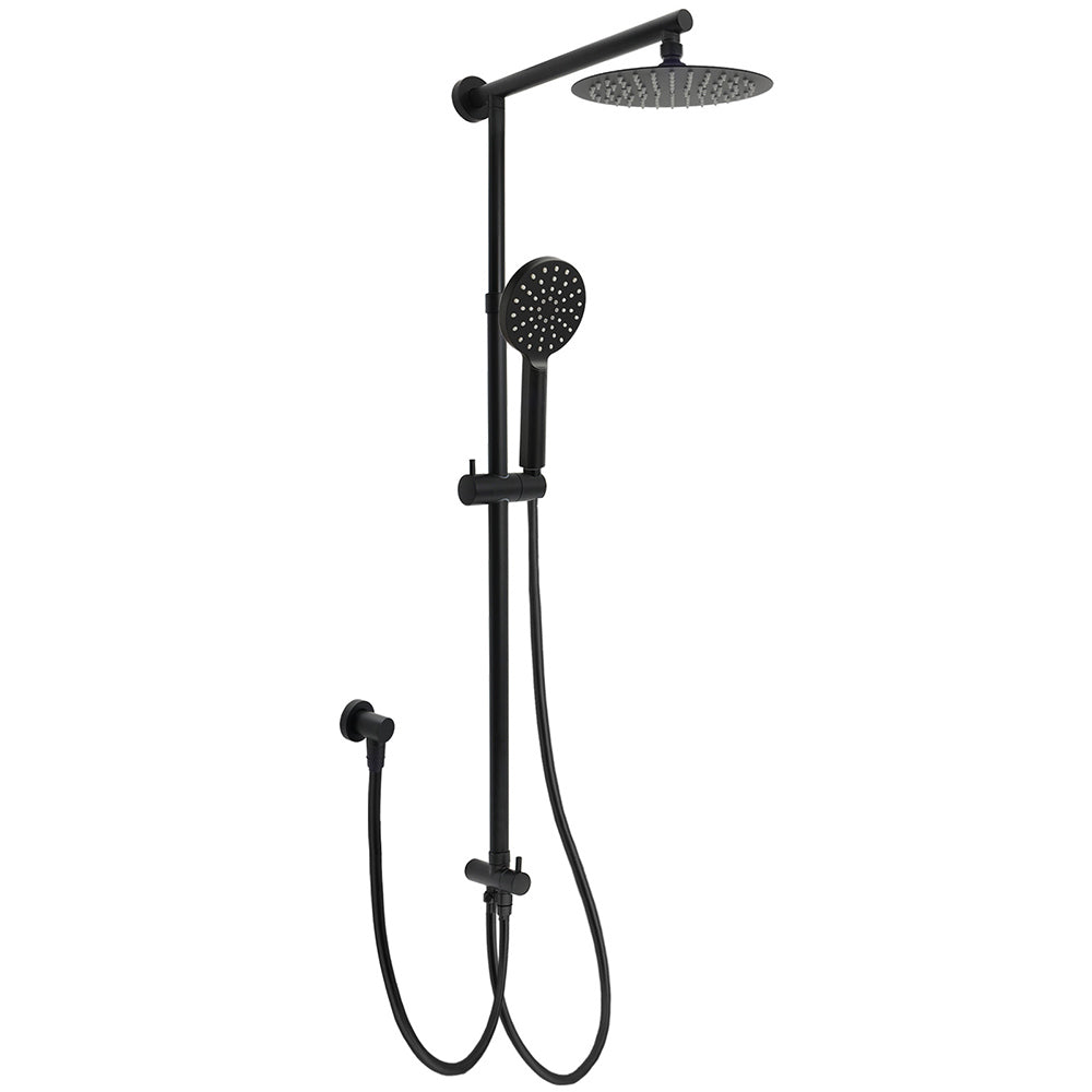 WELS Matt Black Twin Shower 8" Round Head Set 3 Mode Handheld Rose Sliding Rail Elbow Inlet