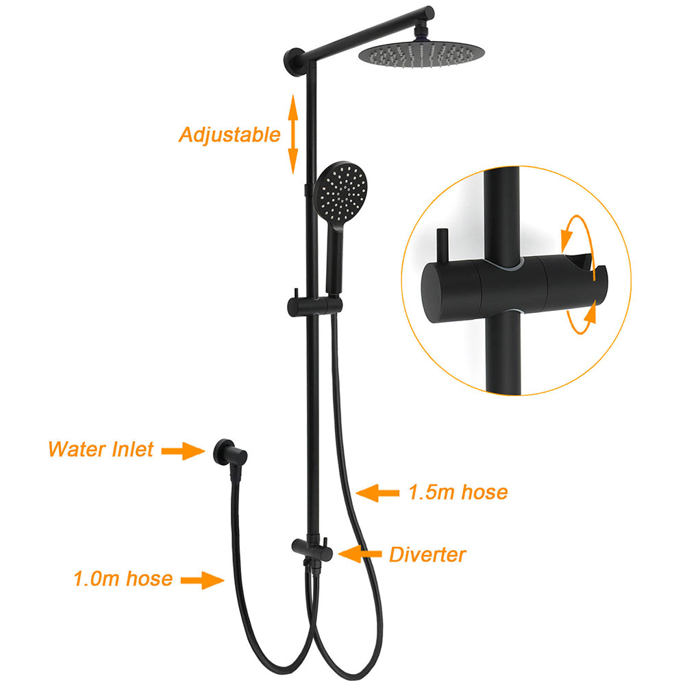 WELS Matt Black Twin Shower 8" Round Rain Head Set Sliding Rail 3 Mode Handheld + Mixer