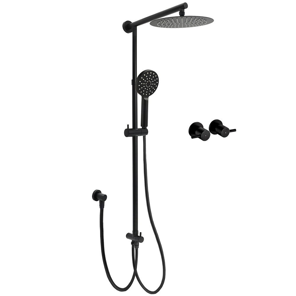 Matt Black Round Dual Shower Set 10" Rain Head 3 Mode Handheld Sliding Rail Arm Twin Taps